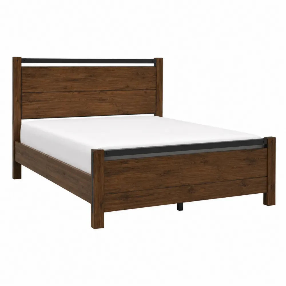 Cama doble estructura madera de ingeniería color madera oscura 200 cm x 140 cm x 90 cm cabecero con detalle metal negro
