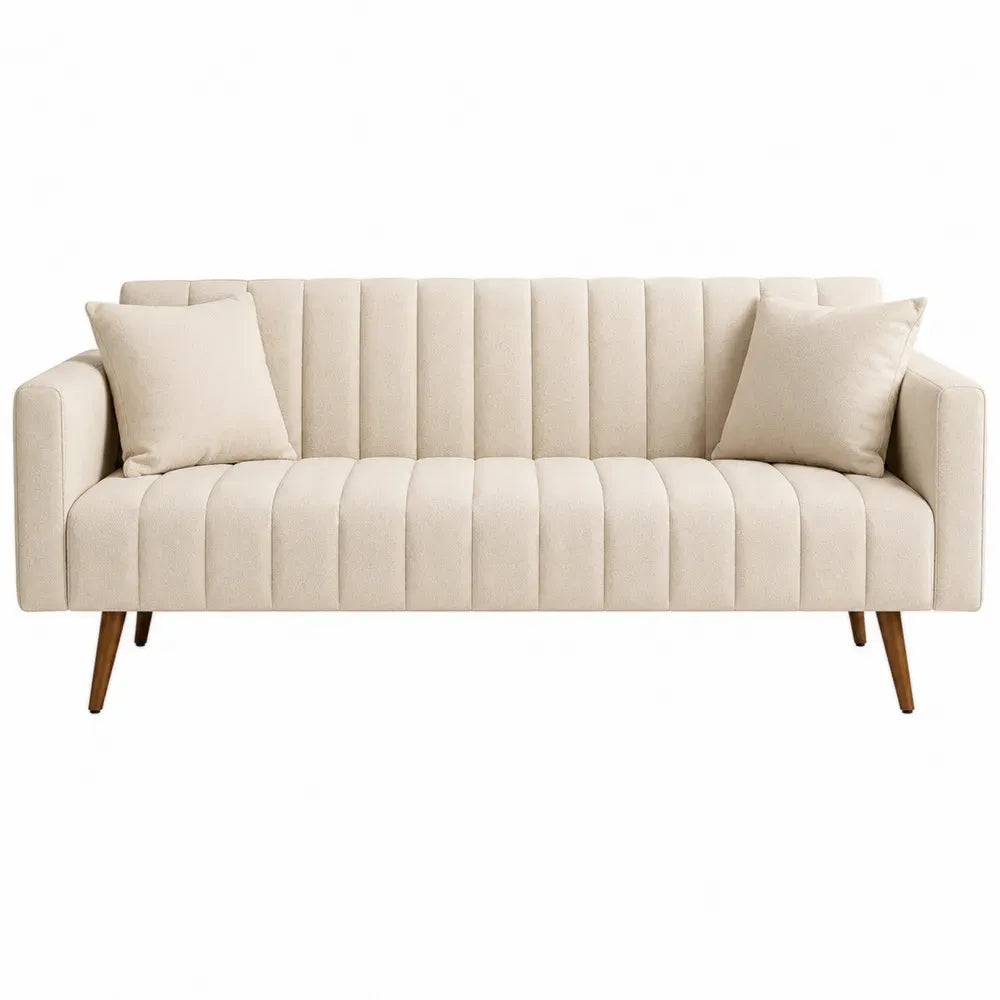 Sofá de 3 plazas tapizado en tela de poliéster crema con respaldo acanalado cojines y patas de madera maciza 85 cm alto 200 cm ancho 85 cm fondo