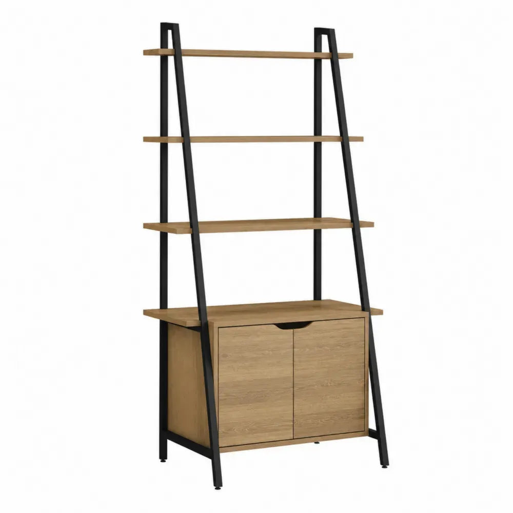 Librería estantería tipo escalera con armario inferior MDF efecto madera y estructura de acero negro 80x35x180 cm