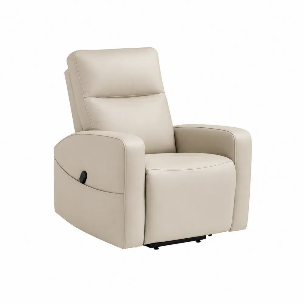 Sillón reclinable manual tapizado en piel sintética PU beige con reposabrazos acolchados estructura de acero y madera 100 cm alto 80 cm ancho 90 cm fondo