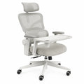 Silla de oficina ergonómica con reposacabezas malla transpirable reposabrazos con bandeja lateral y base giratoria con ruedas color gris y blanco