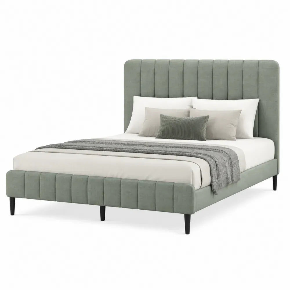 Cama tapizada 160 x 200 cm estructura MDF acero al carbono color verde cabecero capitoné patas negras