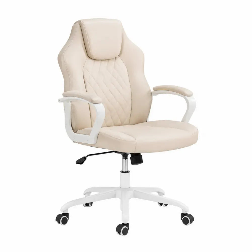 Silla de oficina giratoria con respaldo alto tapizado PU beige estructura blanca con ruedas 65x65x115 cm