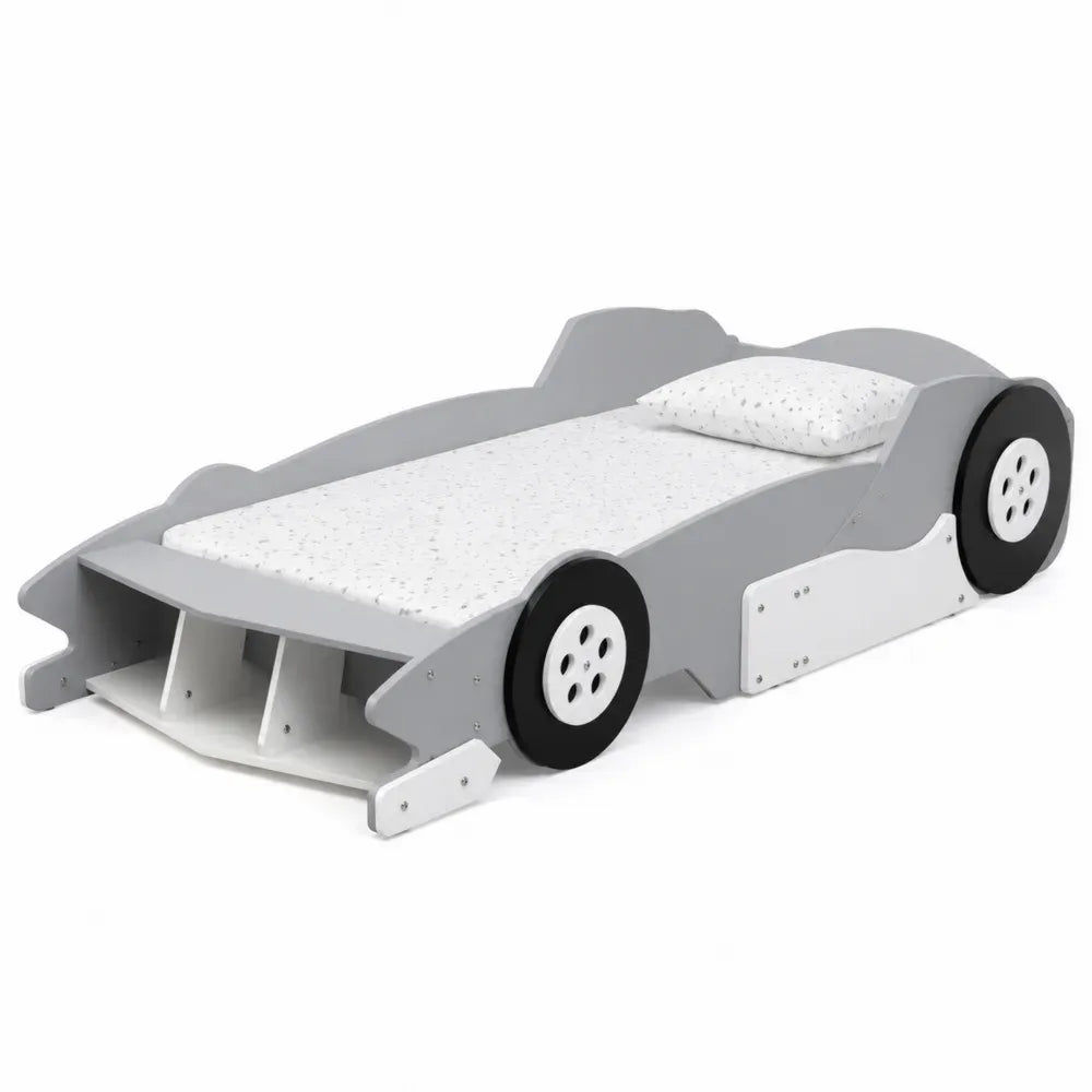 Cama infantil en forma de coche MDF estructura madera ingeniería gris blanco negro ruedas decorativas sin dimensiones especificadas