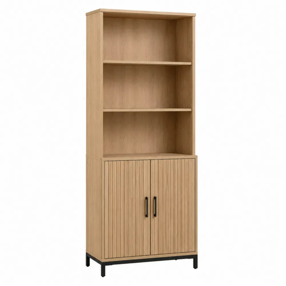 Librería estantería de oficina con armario inferior de madera natural y estructura metálica negra 80 x 35 x 180 cm
