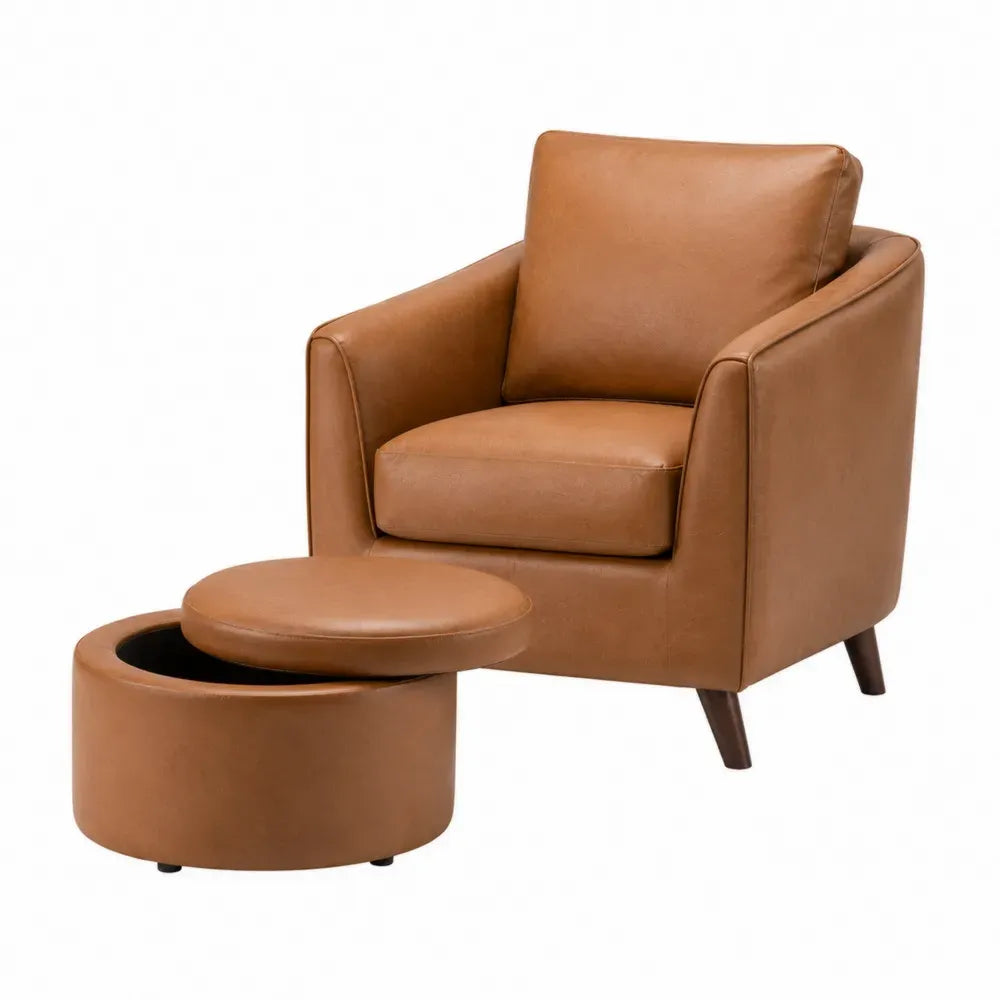 Sillón individual con reposapiés redondo de almacenaje tapizado en piel sintética PU marrón con patas de madera oscura 85 cm alto 75 cm ancho 80 cm fondo