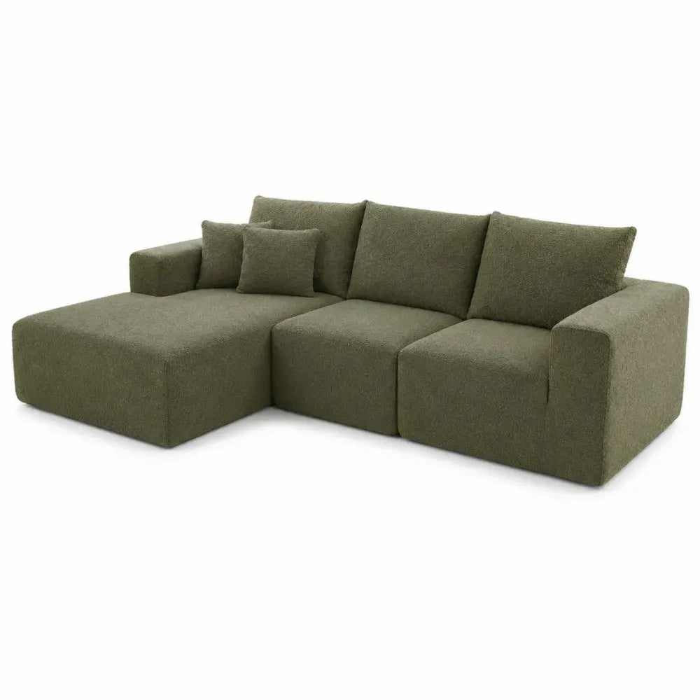 sofá modular en L tapizado tejido poliéster verde oliva con chaise longue izquierda 260 cm 160 cm 85 cm