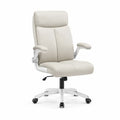 Silla de oficina ergonómica 62 x 60 x 110 cm cuero sintético beige con reposabrazos abatibles base blanca con ruedas