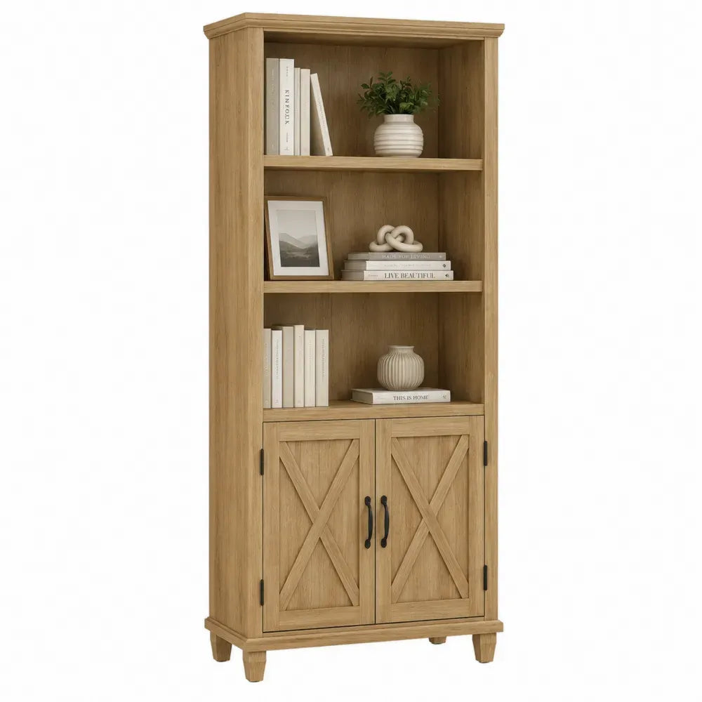 Librería estantería de oficina 80 x 35 x 180 cm madera MDF acabado roble claro con armario inferior de dos puertas estructura recta