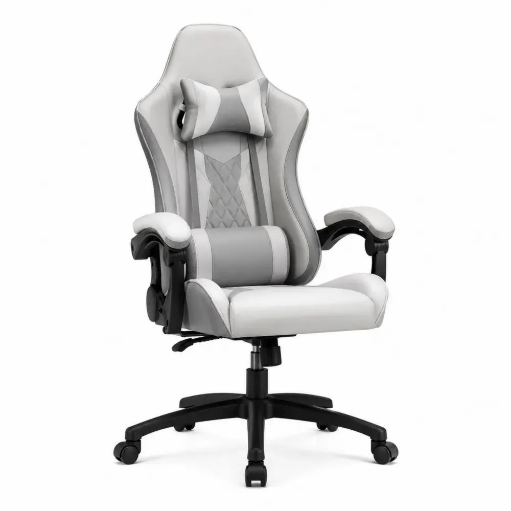 Silla de oficina ergonómica tipo gaming con reposacabezas y cojín lumbar reclinable gris blanco negro base giratoria con ruedas