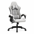 Silla de oficina ergonómica tipo gaming con reposacabezas y cojín lumbar reclinable gris blanco negro base giratoria con ruedas