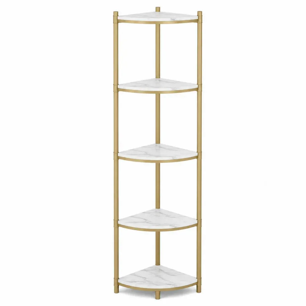 Estantería de esquina de 5 niveles en metal dorado con estantes efecto mármol blanco 165 x 35 x 35 cm