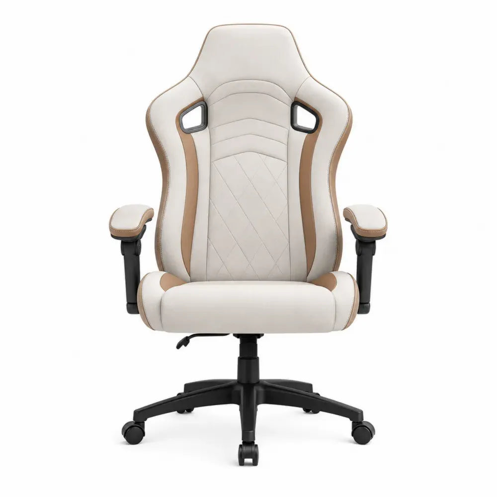 Silla de oficina tipo gaming giratoria de PU blanco beige marrón con base negra 65x70x125 cm