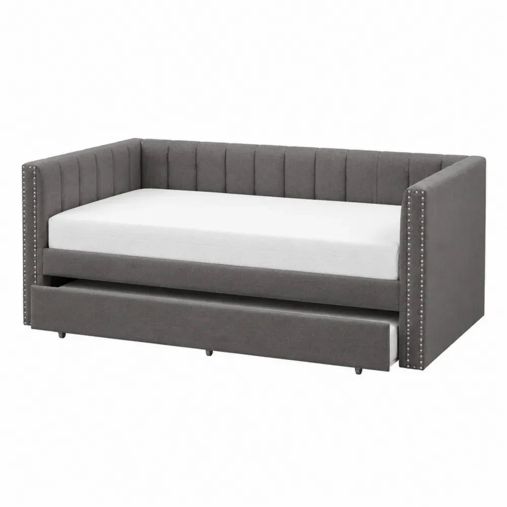 Cama nido tapizada rectangular con cajón inferior de poliéster gris 90 x 200 cm