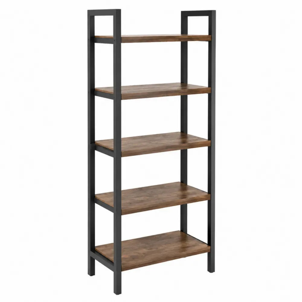 Librería estantería de oficina 80 x 35 x 180 cm MDF con estructura de acero negro y madera marrón 5 niveles diseño recto