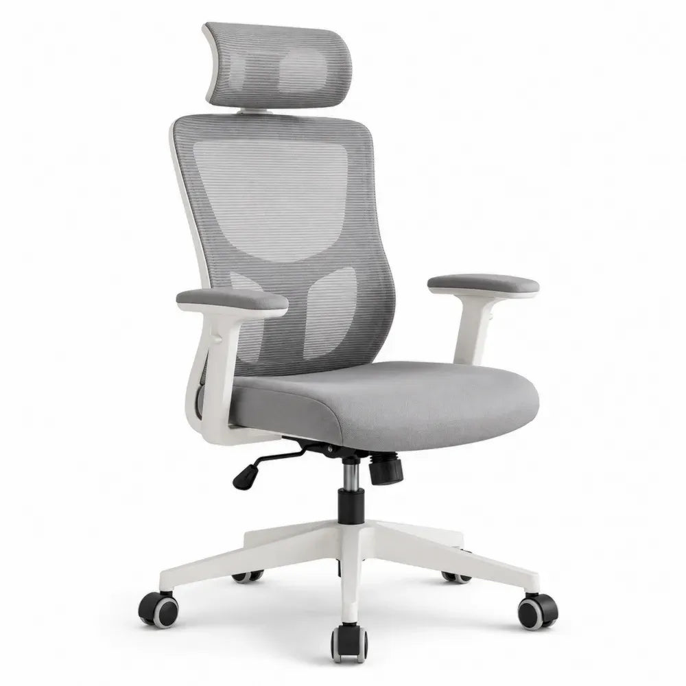 Silla de oficina ergonómica con respaldo de malla reposacabezas reposabrazos ajustables base giratoria con ruedas gris blanco 120 x 60 x 60 cm