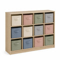 Estantería organizadora rectangular de 12 cubos con cajas de tela y estructura MDF madera natural 120x30x90 cm