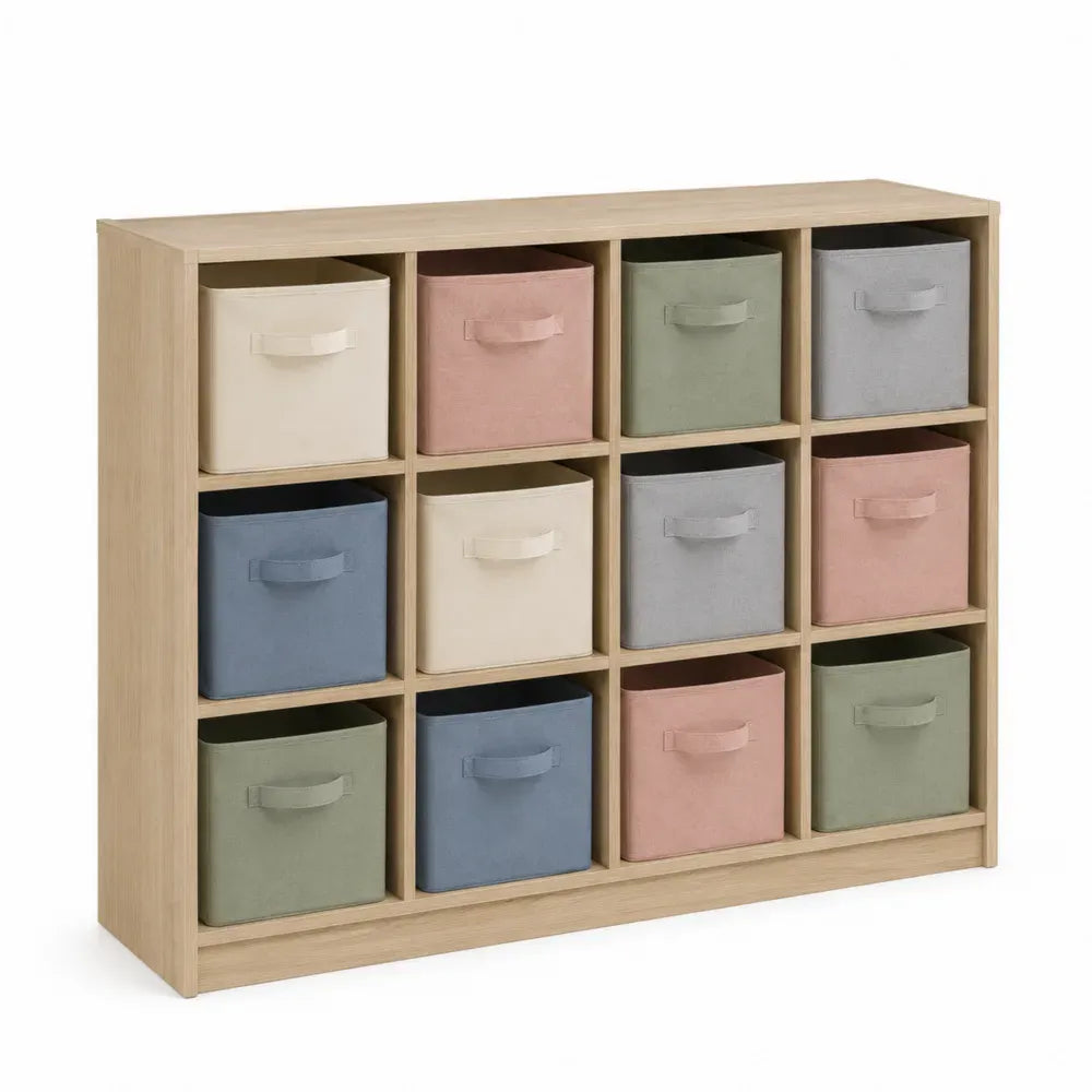 Estantería organizadora rectangular de 12 cubos con cajas de tela y estructura MDF madera natural 120x30x90 cm