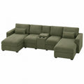 Sofá modular seccional en U de 4 plazas tapizado en pana de poliéster verde con dos chaise longues y consola portavasos 85 cm alto 280 cm ancho 160 cm fondo