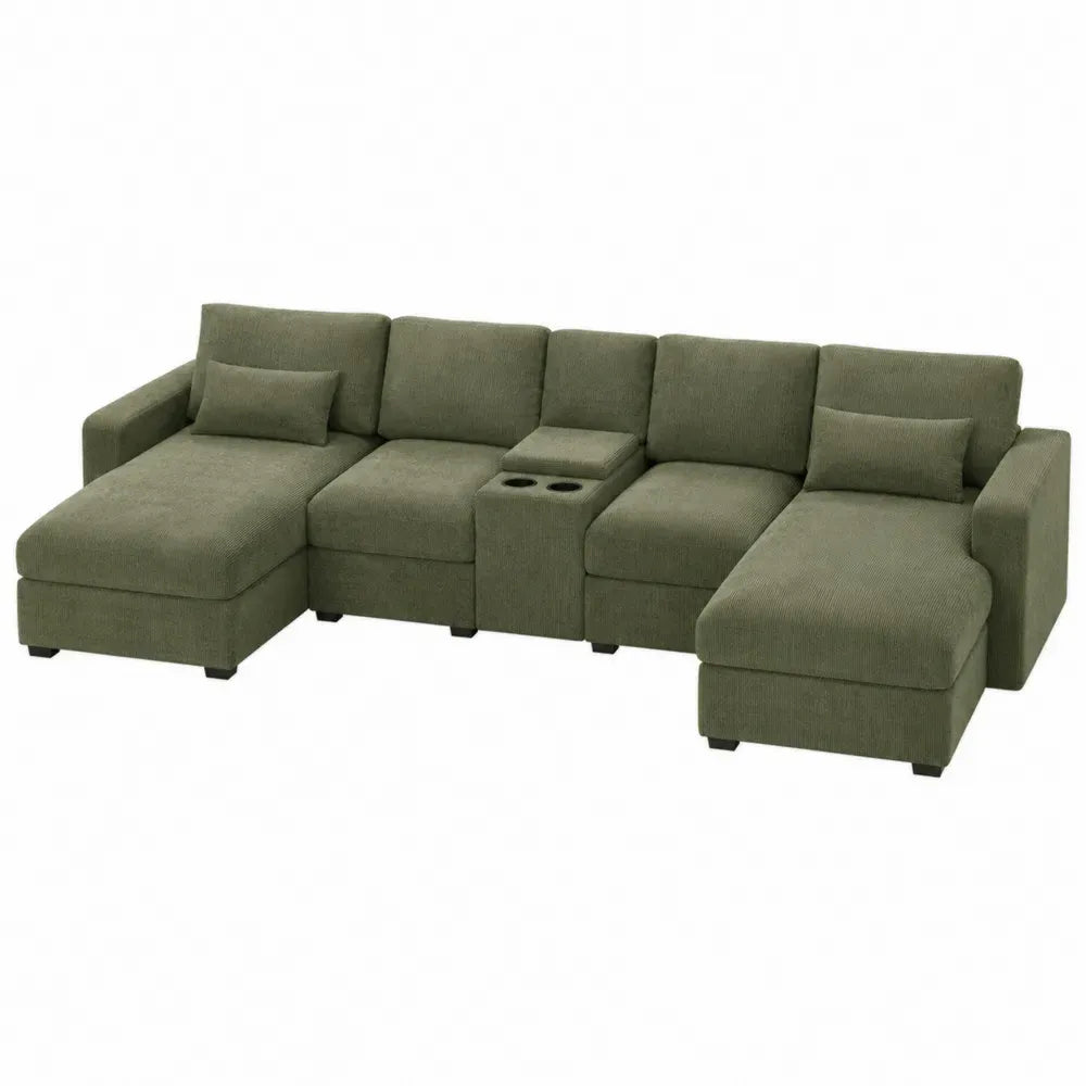 Sofá modular seccional en U de 4 plazas tapizado en pana de poliéster verde con dos chaise longues y consola portavasos 85 cm alto 280 cm ancho 160 cm fondo