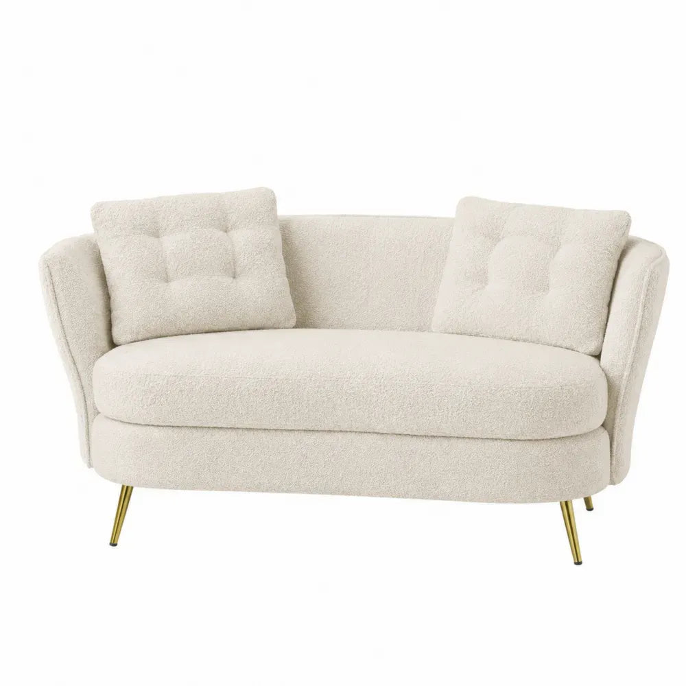 sofá de 2 plazas tapizado tejido bouclé poliéster blanco crema con patas metálicas doradas 165 cm ancho 85 cm fondo 80 cm alto