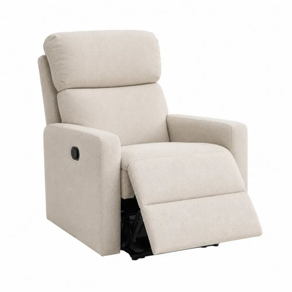sillón reclinable manual con reposapiés extensible tapizado en tejido de poliéster tipo lino color beige estructura de madera contrachapada y acero alto 100 cm ancho 80 cm profundidad 90 a 160 cm