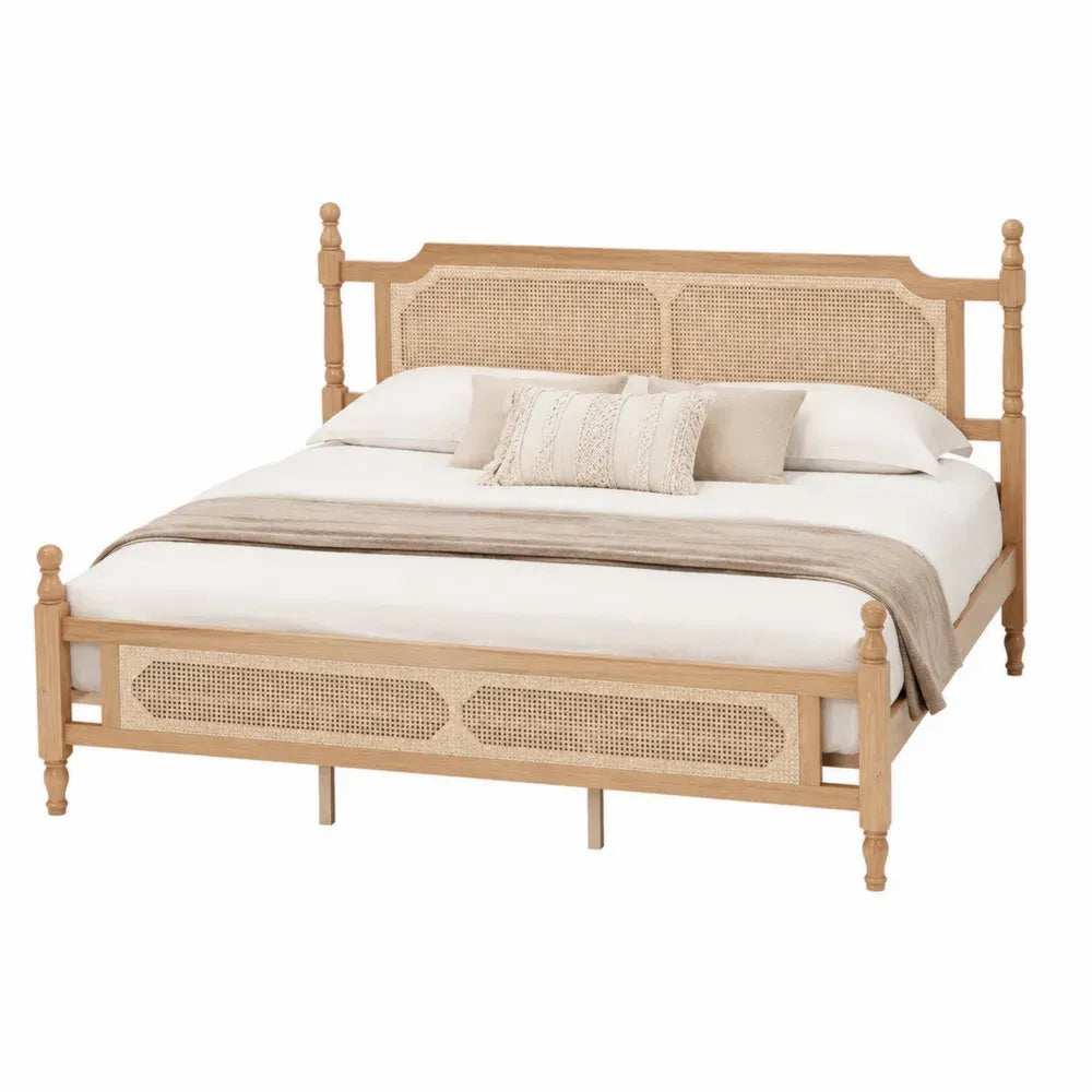 Cama doble rectangular de madera de pino y ratán natural color madera natural 160 x 200 cm