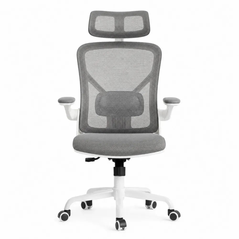 Silla de oficina ergonómica de malla con reposacabezas ajustable soporte lumbar base giratoria con ruedas gris blanco 120 x 60 x 60 cm