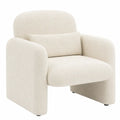 Silla butaca individual redondeada tapizada en tejido bouclé de poliéster crema con cojín lumbar y apoyos negros 80 cm alto 75 cm ancho 78 cm fondo