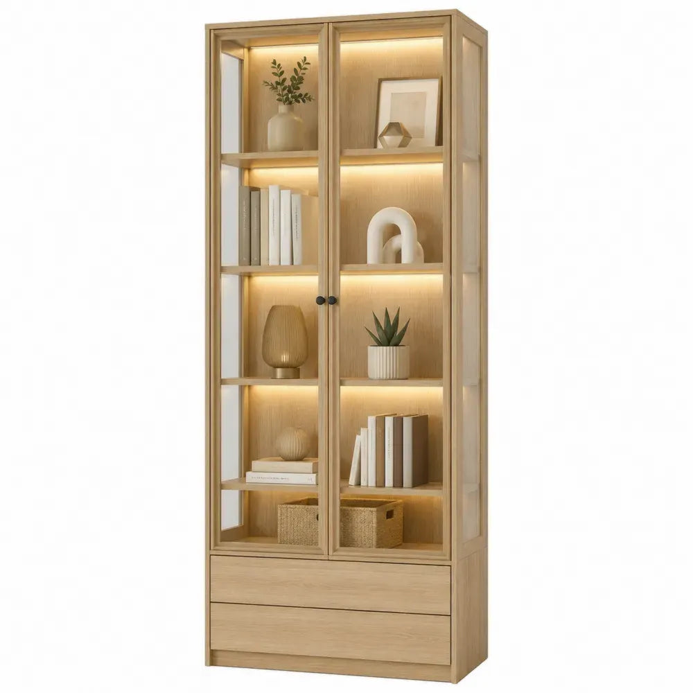 Vitrina librería con puertas de vidrio templado iluminación LED cajones inferiores MDF roble claro 80x35x180 cm