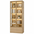 Vitrina librería con puertas de vidrio templado iluminación LED cajones inferiores MDF roble claro 80x35x180 cm