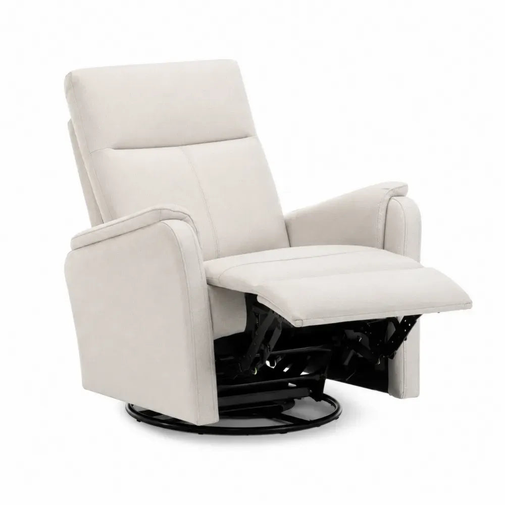 sillón reclinable giratorio con reposapiés tapizado en tejido poliéster beige estructura de acero base giratoria 360 grados 85 cm ancho 80 cm fondo 100 cm alto