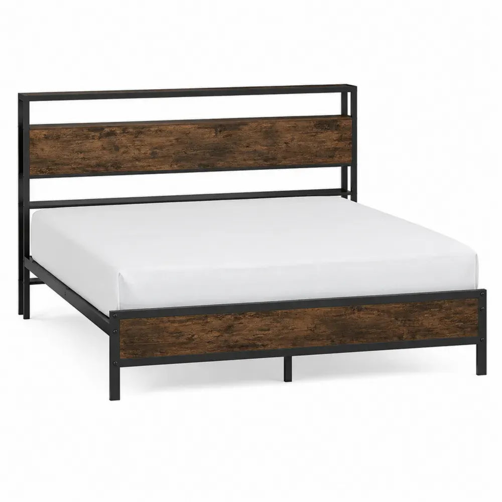 Cama doble rectangular de acero negro con paneles MDF madera oscura 140 x 200 cm