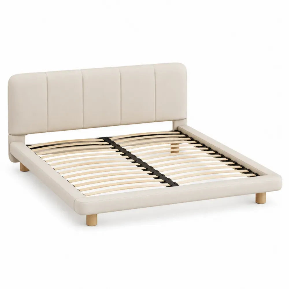 cama tapizada 160 x 200 cm estructura de acero al carbono cabecero acolchado tejido PU color beige somier de láminas patas de madera maciza